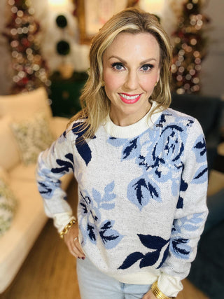 Blue and white floral knit sweater top

Long sleeve floral patterned sweater in soft blue tones

Cozy floral knit pullover in blue and ivory