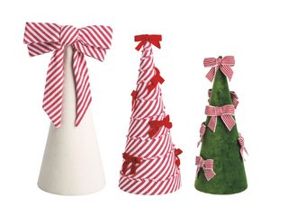 Set of three decorative Christmas tree sitters with striped bows

Velvet and cotton tabletop Christmas trees with red and white bows

Bow tree holiday decor in green, white, and striped cone designs