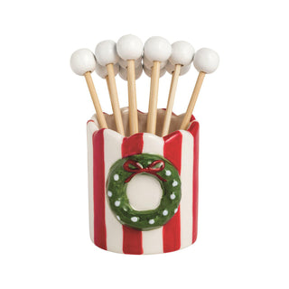 “Festive stoneware toothpick holder with reindeer design and red polka dots”

“Christmas wreath striped stoneware toothpick holder with wooden toothpicks”

“Holiday tree toothpick holder with red polka dots and green toothpicks”

“Santa striped stoneware toothpick holder with star-shaped toothpicks”

