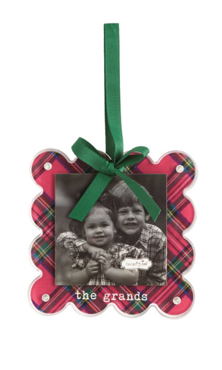 Tartan Photo Ornaments with scalloped acrylic frames, magnetic construction, grosgrain ribbon bows, and hanging loops for displaying 3" x 3" photos.