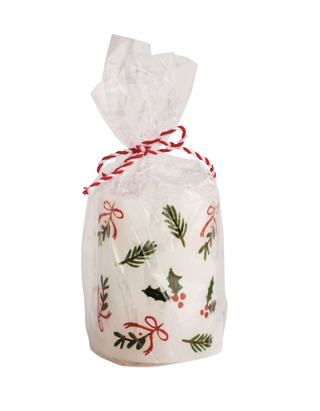 White pillar candle with holly leaves and red bows wrapped in cello

Festive Christmas holly candle with greenery and berries design

Holiday wax pillar candle with hand-painted holly pattern

Holly and pine Christmas candle tied with red and white string

Decorative holiday candle wrapped for gifting