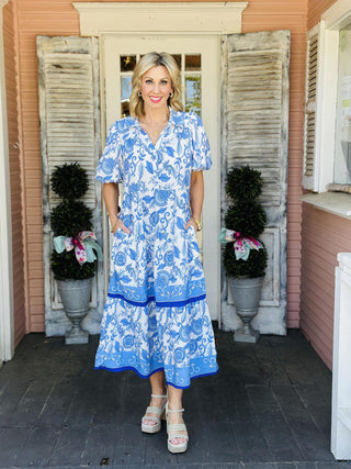Eloise Dress blue floral tiered midi dress with puff sleeves
