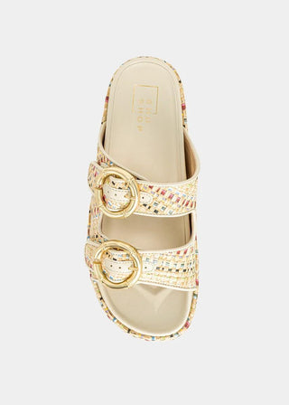 Lori Sandal in multi woven raffia with gold oversized buckle straps and platform sole