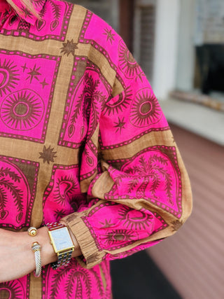 Uncle Frank Block Tropical Romper in hot pink and brown tropical print with button front and pockets