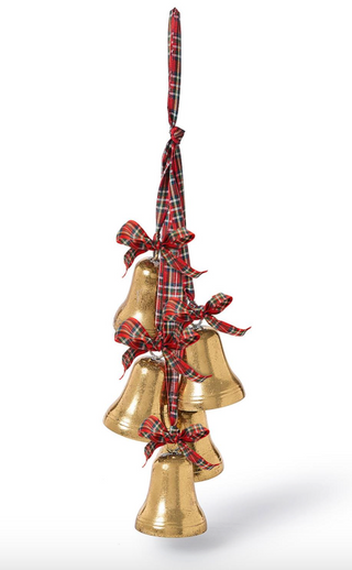 Hanging Bells with five gold bells and red plaid ribbon bows for Christmas décor