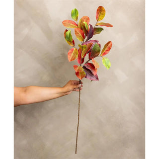 41-inch faux croton leaf stem featuring realistic multicolor foliage in vibrant shades of green, orange, red, and burgundy for fall floral arrangements and seasonal home décor.