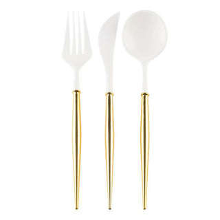White and gold modern disposable cutlery set

Elegant gold-handled plastic cutlery by Sophistiplate

Reusable gold and white party utensils set

Bella white and gold flatware for events

Sophisticated plastic cutlery for weddings and parties