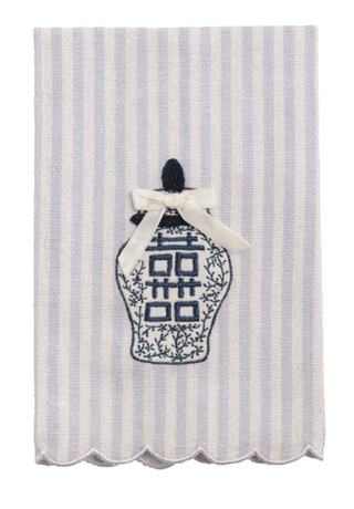 Topiary tea towel with embroidered plant and striped background
