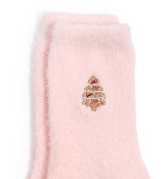Pink fuzzy Christmas socks with embroidered holiday icons