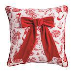 Christmas toile pillow with large red velvet bow and piped edge

Holiday throw pillow with dimensional velvet bow and tartan back

Toile print cotton pillow with festive bow detail

Square Christmas pillow with velvet bow and zipper closure