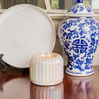 Sweet Grace Candle #071 in pearlized iridescent ribbed vessel

Greenleaf 2-wick Sweet Grace candle with 142-hour burn time

Luxury Sweet Grace candle in glowing white iridescent glass

Large soy-blend candle in pearl finish by Greenleaf

