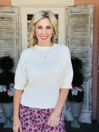 Fallon Top solid short sleeve knit top with round neckline