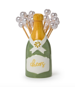 Champagne Bottle Pick Holder with 20 Pearl Cocktail Picks