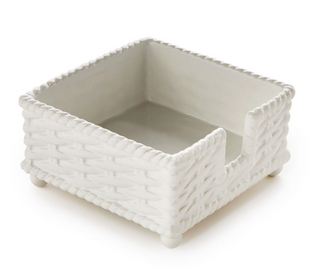 White ceramic cocktail napkin holder with basketweave texture
