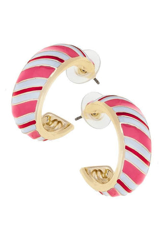 “Pink, white, and red candy cane striped enamel hoop earrings with gold trim.”

“Small holiday hoop earrings with candy cane stripes in pink and red.”

“Pink and white striped enamel hoops with 18K gold-plated finish.”

“Festive candy cane striped hoop earrings in pink, white, and red.”