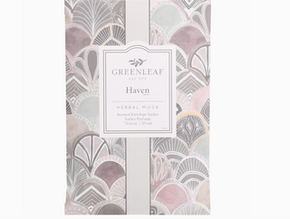 Greenleaf Haven Scent Sachet herbal musk fragrance

Haven large fragrance sachet by Greenleaf

Herbal musk scented sachet in pastel packaging

Greenleaf Haven sachet with soft geometric design

Haven herbal musk fragrance sachet for home and car