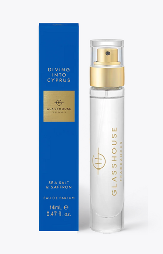 Glasshouse Diving Into Cyprus Parfum 14ml eau de parfum with blue and gold packaging