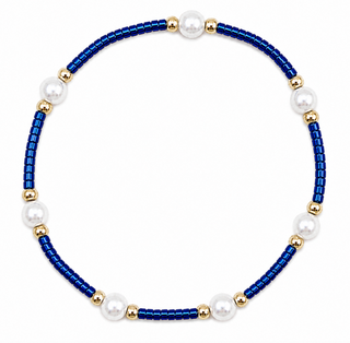 Game Day Blue & White Bracelet with sapphire Miyuki beads, glass pearls and gold filled accents