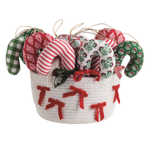 Woven cotton Candy Cane Ornaments featuring festive holiday prints, ribbon bows, and twine hangers for Christmas tree decorating.