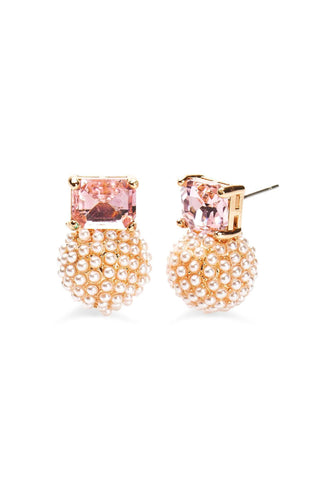 Gold-plated post earrings with pearl pavé sphere and blush crystal top

Elegant stud earrings featuring faux pearls and faceted crystal stone

Blair Pearl Post Earrings in blush and crystal color options