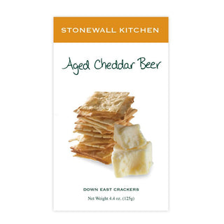 Stonewall Kitchen Aged Cheddar Beer Crackers with a crisp, buttery texture inspired by classic pub-style cheese crackers.
