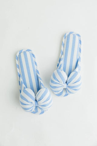 blue cabana stripe bow spa slippers with soft cotton fabric