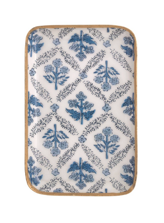 Blue patterned enamel trinket tray with hand painted gold edge