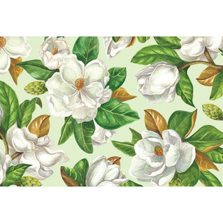 Mint magnolia floral paper placemat with white blooms and green leaves