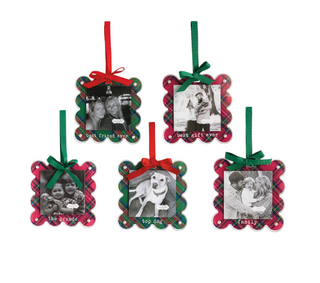 Tartan Photo Ornaments with scalloped acrylic frames, magnetic construction, grosgrain ribbon bows, and hanging loops for displaying 3" x 3" photos.