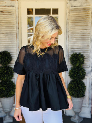 Black mesh babydoll blouse with short sleeves and lace applique