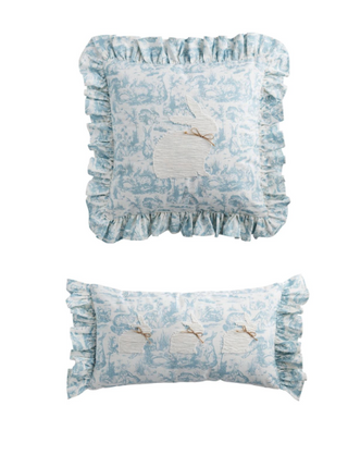 Blue toile bunny pillow with ruffle flange trim