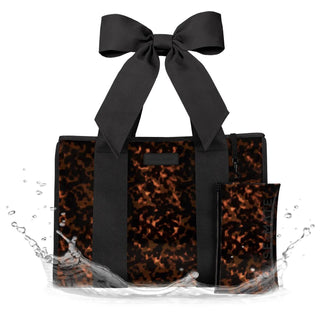 Case Mate Tortoiseshell Bow Jelly Tote Bag with oversized black bow handles and matching detachable pouch