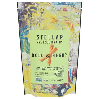 Stellar Pretzel Braids Sweet & Sparky vegan pretzel snack in artist-designed bag

Stellar Pretzel Braids Maui Monk vegan pretzel braids with colorful floral packaging

Stellar Pretzel Braids French Dijon vegan pretzel braids in bold abstract bag

Stellar Pretzel Braids Bold & Herby vegan pretzel snack with modern art packaging

Close-up of Stellar Pretzel Braids vegan pretzel twists in resealable bag