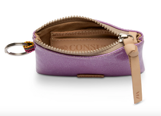 Consuela Twy Pouch in purple glitter with leather zipper pull and keyring

Purple glitter Consuela Twy Pouch with attached keyring and zip closure

Interior view of Consuela Twy Pouch showing credit card slot and zip top

Compact purple glitter keyring pouch by Consuela with leather trim