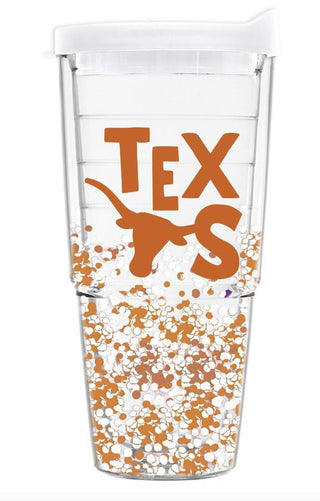 Clear Texas tumbler with burnt orange logo, white lid, and floating glitter