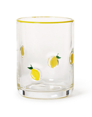 Clear glass double old fashioned tumbler with yellow lemon illustrations and gold rim