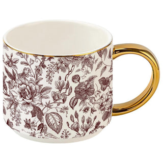 Brown Delft fine bone china coffee mug with an intricate floral toile pattern and elegant gold handle.