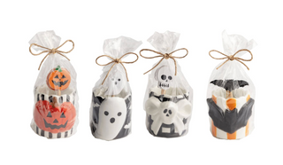 Halloween Toothpick Caddy Set featuring hand-painted ceramic holders with ghost, pumpkin, skeleton, and candy corn designs, including six decorative wooden toothpicks with cardstock toppers.