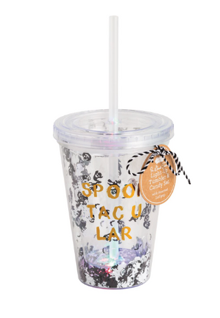 Halloween Light-Up Tumblers with double-walled sequin design, reusable straw, lid, and LED light-up base in festive Halloween styles.