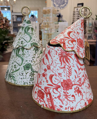 Chinoiserie Tree Box featuring a Christmas tree silhouette with red and green floral patterns and gold accents.