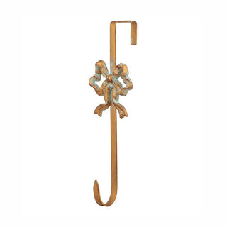 Distressed Gold Bow Hanger featuring an antique gold finish with a decorative bow accent, perfect for hanging wreaths, stockings, or seasonal décor.
