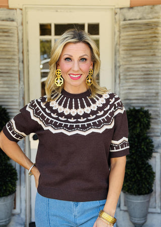 Brinley Sweater brown short sleeve knit sweater with cream and rust Fair Isle pattern