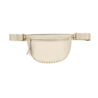 "Francesca fanny pack in sleek faux leather with adjustable strap"

"Front view of neutral Francesca belt bag with gold zipper"

"Minimalist fanny pack with compact design and zip closure"

"Francesca crossbody belt bag with modern silhouette and gold hardware"