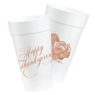 White 20 oz foam cups featuring an elegant "Happy Thanksgiving" script and classic turkey illustration, sold in a sleeve of 8 insulated cups.