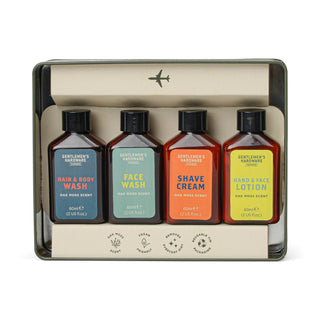 Gentlemen’s Hardware Getaway Grooming Kit in reusable tin

Travel grooming kit with oak moss scent and vegan ingredients

Rich & Earthy men’s travel grooming set in green tin

Gentlemen’s Hardware Travel Ready Kit for men

Compact men’s toiletry set with wash, lotion, and shave cream