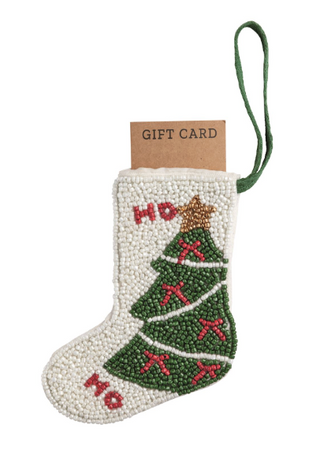 Beaded Stocking Ornaments with festive Christmas designs and grosgrain loop hangers, perfect for holding gift cards or cash.