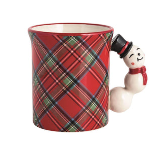 Stoneware tartan mug with red bow handle and green rim

Red tartan plaid Christmas mug with winking snowman handle

Holiday tartan mug with figural Santa holding candy cane handle

Festive red plaid mug with figural wreath handle and red bow

