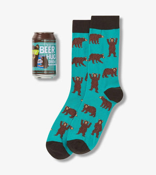 Men’s beer can socks gift set with fun novelty sock designs including bears, fishing, camping, ducks and mushrooms.