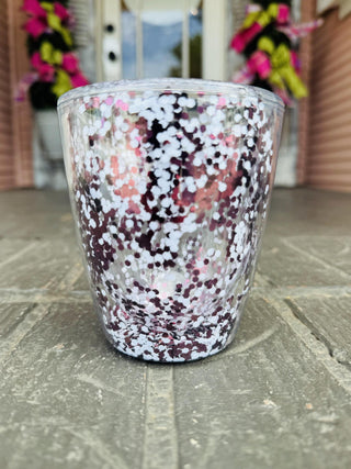 Clear acrylic wine tumbler with floating maroon and white glitter