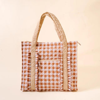 Maple gingham everyday tote with quilted handles and ruffle detailing